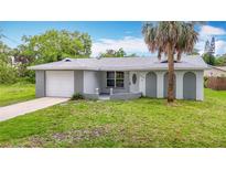 Charming single-story home with a well-manicured lawn and a mature palm tree in the front yard at 8329 Gulf Way, Hudson, FL 34667