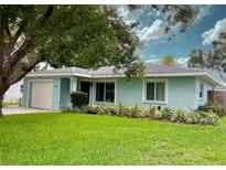 Charming one-story home with a well-maintained lawn and blue exterior at 1281 Robin Hood Ln, Dunedin, FL 34698