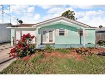 Charming front exterior featuring a quaint painted facade with red bougainvillea at 13929 Muriel Ave, Hudson, FL 34667