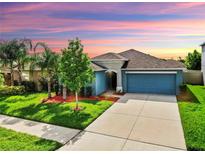 Charming single-story home with a well-maintained lawn, mature trees, and attached two-car garage under a colorful sky at 17136 Sunshine Mimosa: St, Wimauma, FL 33598