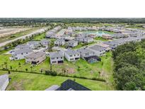 Aerial view of a neighborhood with well-maintained houses, green lawns, and community pond at 3541 Great Banyan Way, Wesley Chapel, FL 33543