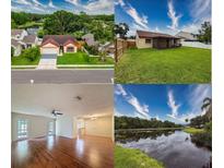 Collage highlighting the home's exterior, backyard, interior living room, and community lake view at 5016 Cypress Trace Dr, Tampa, FL 33624