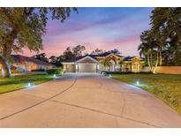 Beautiful home with a long driveway and lush landscaping, illuminated by landscape lighting at twilight at 512 Creekside Ct, Safety Harbor, FL 34695