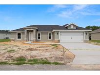 New single-story home featuring a two car garage, modern architectural details, and a well-manicured lawn at 5441 Chestnut Ridge Rd, Dade City, FL 33523