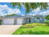 Charming single-story home boasts a two-car garage and a beautifully landscaped front yard with lush green grass at 15309 Palomapark Ln, Lithia, FL 33547