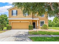 Charming two-story home with a two-car garage, manicured landscaping, and a welcoming front entrance at 12244 Fairlawn Dr, Riverview, FL 33579