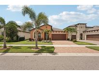 Charming single-story home with a well-manicured lawn, lush landscaping, and a brick-paved driveway at 13128 Foxtail Fern Dr, Riverview, FL 33579