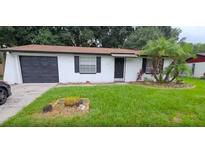 Well-kept single-story home with a dark garage door and lush lawn, featuring a small garden bed at 3513 Danny Bryan Blvd, Tampa, FL 33619