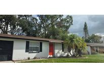 Charming single story home features a bright red front door and a neatly maintained lawn at 3513 Danny Bryan Blvd, Tampa, FL 33619