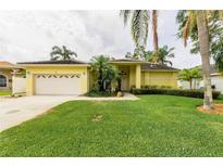 Charming yellow home with a well-manicured lawn and lush tropical landscaping, including mature palm trees at 1051 Glynwood Pl, Dunedin, FL 34698
