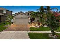 Charming single-Gathering home featuring lush landscaping, palm trees, and a brick driveway leading to a two-car garage at 12026 Crestridge Loop, New Port Richey, FL 34655