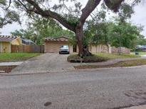 Charming single-story home with a well-maintained lawn and driveway, shaded by a large, mature tree at 2246 Ashbury Dr, Clearwater, FL 33764