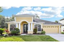 Charming yellow home featuring a beautifully landscaped front yard and a two-car garage at 27209 Firebush Dr, Wesley Chapel, FL 33544