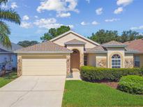 Charming single-Gathering home featuring a well-manicured lawn and a two-car garage at 2609 Rosehaven Dr, Wesley Chapel, FL 33544