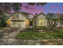 Charming single-story home featuring a well-manicured lawn and a brick-paved driveway at 17910 Timber View St, Tampa, FL 33647