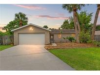Charming single-story home featuring an attached garage, well-maintained lawn, and mature palm trees against a beautiful sunset sky at 1909 Dover Ct, Oldsmar, FL 34677