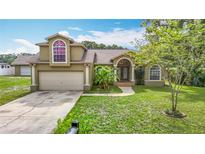 Charming home featuring manicured lawn, arched entryway, and attached two-car garage at 1332 Osceola Hollow Rd, Odessa, FL 33556