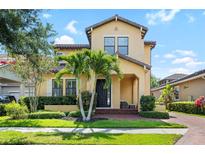 Charming two-story home featuring a manicured lawn and lush landscaping with palm trees at 6113 Yeats Manor Dr, Tampa, FL 33616