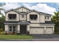 Charming two-story home with a 2-car garage, manicured lawn and welcoming front door at 35323 Big Hawk Dr, Zephyrhills, FL 33541