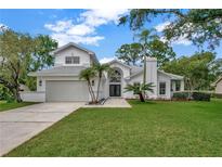 Two-story white home featuring a well-manicured lawn, an attached garage and a neatly landscaped front yard at 16317 Colwood Dr, Odessa, FL 33556