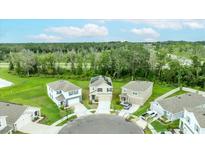 Aerial view of the property showcasing a cul-de-sac with a wooded backdrop and well-maintained lawns at 1680 Hazy Sea Dr, Plant City, FL 33565