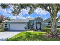 Charming single-story home with a well-manicured lawn, mature landscaping, and attached two-car garage at 4315 Whittner Dr, Land O Lakes, FL 34639