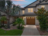 Charming townhome showcasing a well-manicured lawn, a brown garage door and mature trees and landscaping at 11287 Cay Spruce Way, San Antonio, FL 33576
