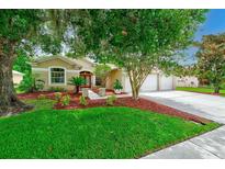 Well-manicured lawn and landscaped front yard leading to a charming home with a three-car garage at 1610 Stetson Dr, Wesley Chapel, FL 33543