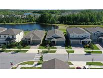 An aerial view shows the home's lakeside location and neighborhood at 17714 Everlong Dr, Land O Lakes, FL 34638