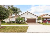 Charming single-story home with a two-car garage, and a well-manicured lawn with tropical landscaping at 16831 Banner Shell Pl, Wimauma, FL 33598
