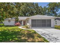 Charming single-story home featuring a well-maintained lawn and attached two-car garage at 8405 Divot Way, Port Richey, FL 34668
