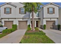Charming townhome with a well-manicured lawn, brown shutters, and a palm tree in the yard at 17834 Althea Blue Pl, Lutz, FL 33558