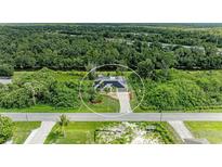 Aerial view of home surrounded by lush greenery and mature trees at 1857 N San Mateo Dr, North Port, FL 34288
