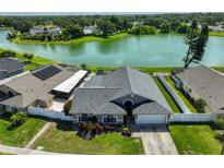 Aerial view of the single Gathering home with a large lake in the backyard at 2021 Elk Spring Dr, Brandon, FL 33511