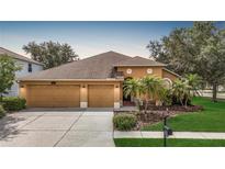 Charming single-story home with a two-car garage, manicured lawn, and lush tropical landscaping at 3824 Duke Firth St, Land O Lakes, FL 34638