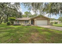 Charming home featuring a well-manicured lawn, mature trees, and a two-car garage at 10614 Hudson Ave, Hudson, FL 34669