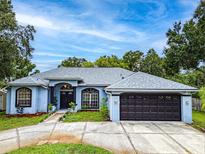 Charming blue home featuring a well-manicured lawn and a two-car garage at 22946 Brownwood Ct, Land O Lakes, FL 34639