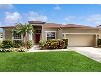 Charming single-story home with a red front door, lush landscaping, and a well-maintained lawn at 2728 Abbey Grove Dr, Valrico, FL 33594