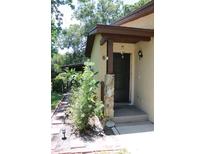 Close up of front door with stone accent pillar and tropical foliage in the front yard at 1200 Tarpon Woods Blvd # M6, Palm Harbor, FL 34685