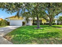 Charming single-story home with a lush green lawn, mature trees, and a two-car garage at 13795 Antigua Dr, Seminole, FL 33776