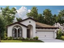 Charming single-story home with a stucco exterior, arched entryway, and a two-car garage on a neatly landscaped lot at 14818 Summer Branch Dr, Lithia, FL 33547