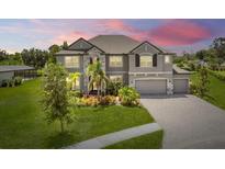 Beautiful two-story home featuring manicured lawn, stone accents, three-car garage, and long driveway at 9508 Pyrenees Pl, Seffner, FL 33584