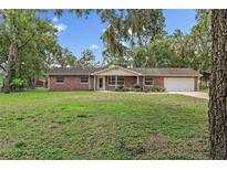 Charming single-story brick home with a well-manicured lawn and mature trees offering shade and curb appeal at 11029 Clay Pit Rd, Tampa, FL 33610