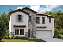 Charming two-story home with a stone facade, blue shutters, clay tile roof, and well-manicured lawn at 14732 Summer Branch Dr, Lithia, FL 33547