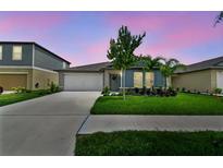 Charming single-Gathering home with a well-maintained lawn and a two-car garage with beautiful landscaping at 13235 Palmerston Rd, Riverview, FL 33579