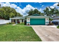 Charming single-story home featuring a lush lawn, attached two-car garage and neatly manicured landscaping at 17824 Morninghigh Dr, Lutz, FL 33549