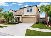 Inviting two-story home with a well-manicured lawn, a neutral color scheme, and an attached two-car garage at 7017 Gomez Rocks Ct, Sun City Center, FL 33573