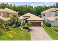 An aerial shot showing the house, manicured lawns, paver driveway, and tropical landscaping at 10880 Cory Lake Dr, Tampa, FL 33647