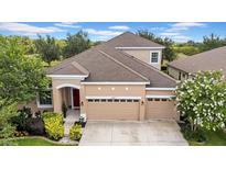 Two-story tan home with three car garage, red front door, and well maintained landscaping at 32624 Summerglade Dr, Wesley Chapel, FL 33545