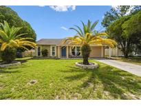Charming single-story home with lush lawn, palm trees, and inviting curb appeal in a desirable neighborhood at 3628 Dellefield St, New Port Richey, FL 34655